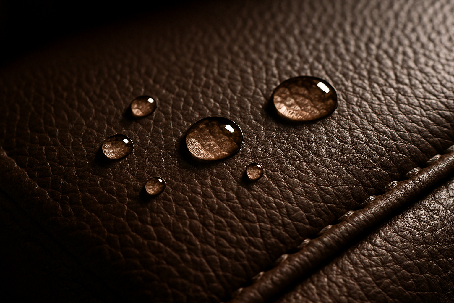 A demonstration of water beading up on the surface of a faux leather chair, showcasing its water-resistant quality