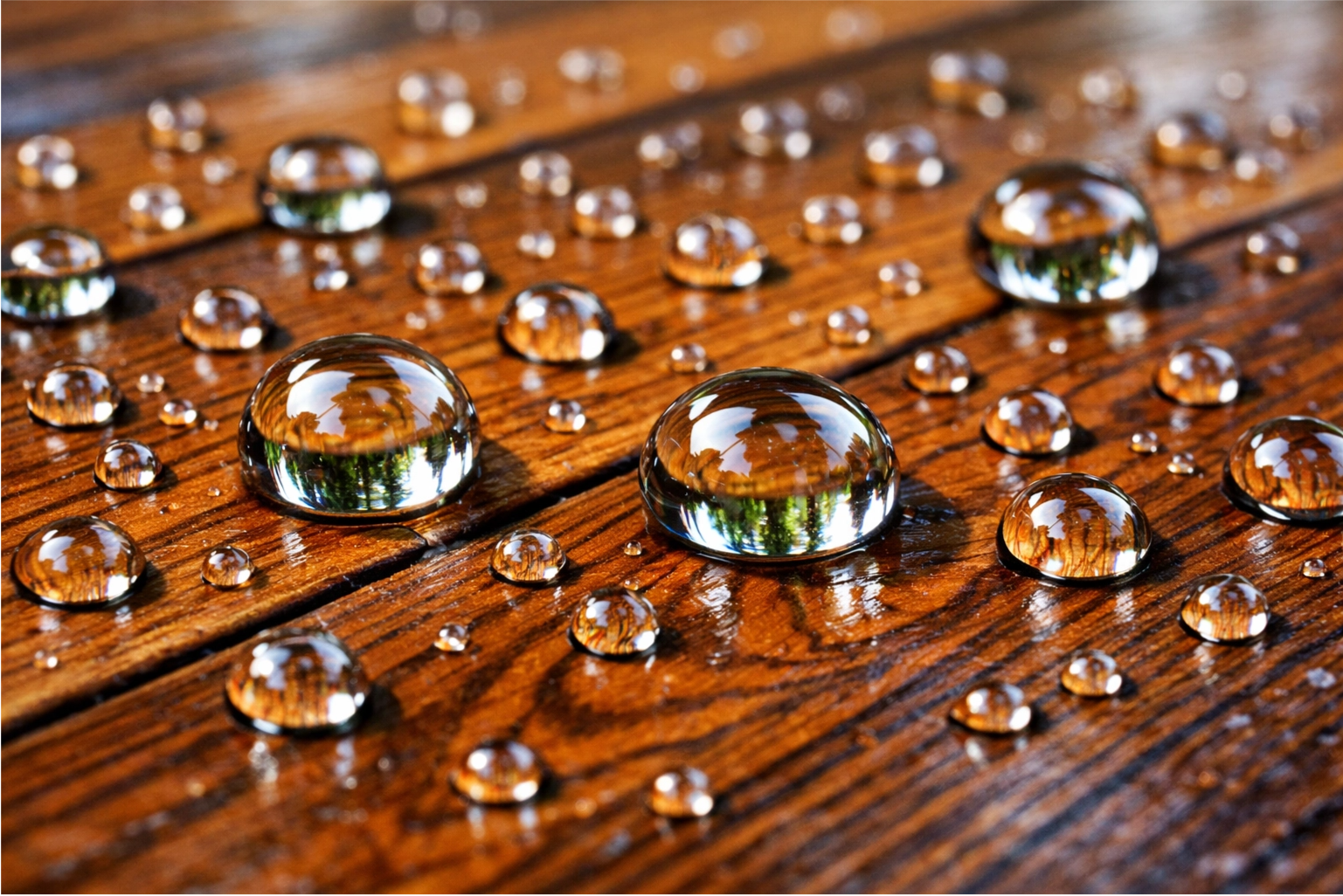 A close-up shot of water beading up on a beautifully sealed wooden outdoor table