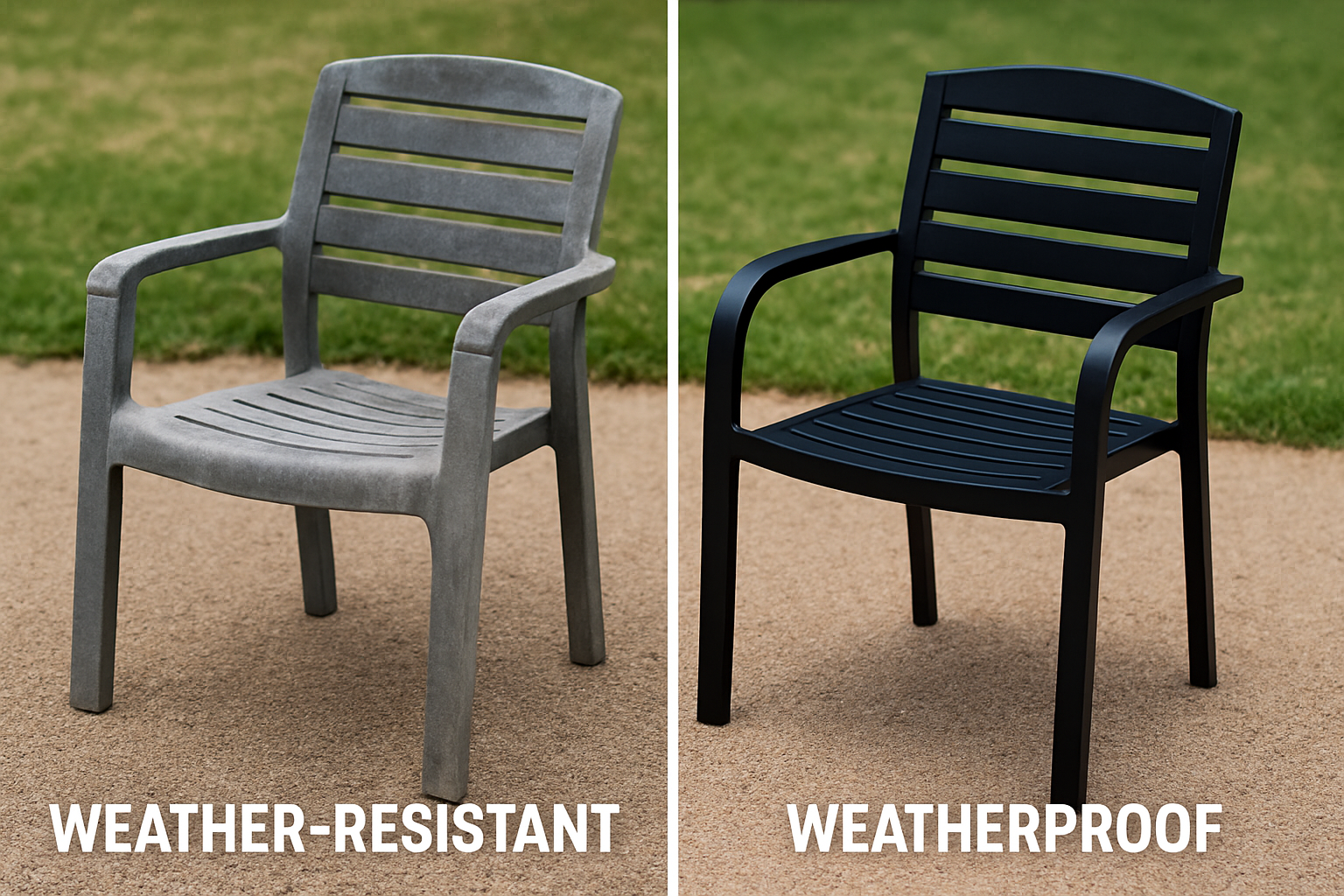 side-by-side comparison of a faded 'weather-resistant' chair and a vibrant 'weatherproof' aluminum chair