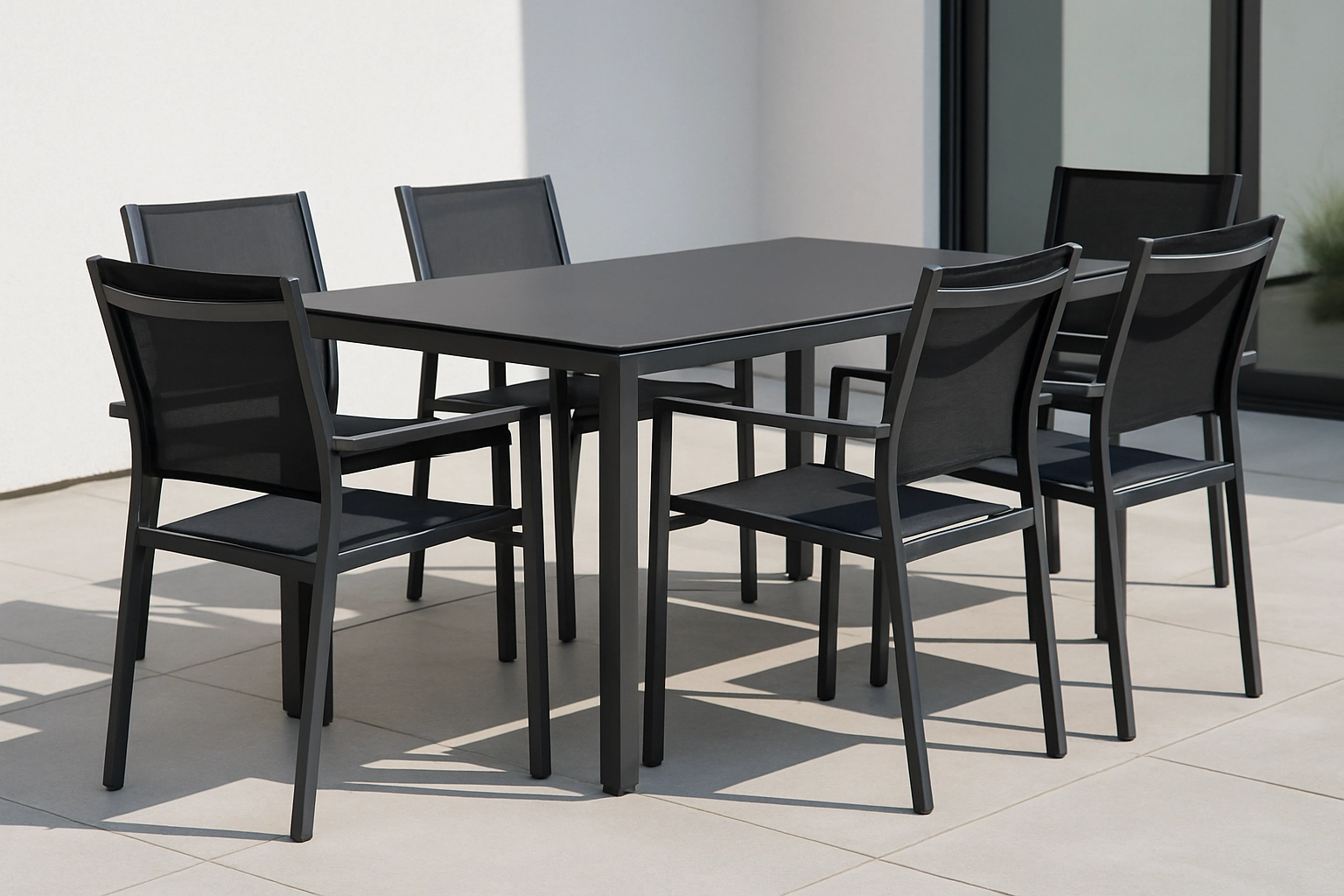 weather resistant outdoor set with powder-coated aluminum, sling seats, and HPL tabletop