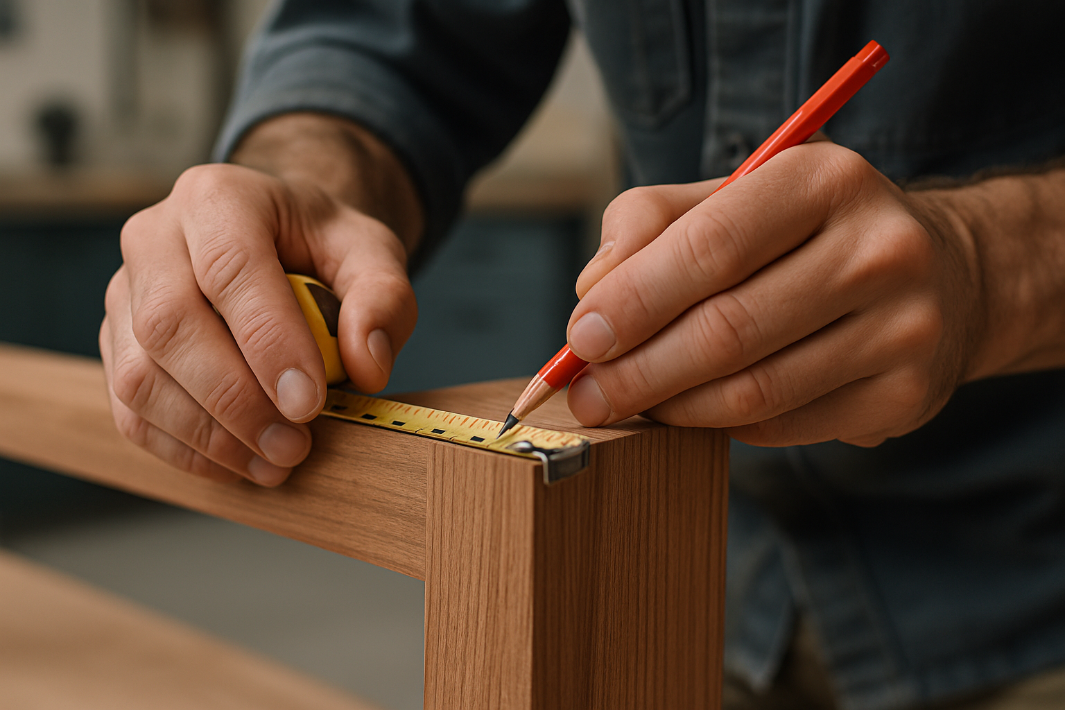 A woodworker carefully measuring and marking a wooden table leg for cutting
