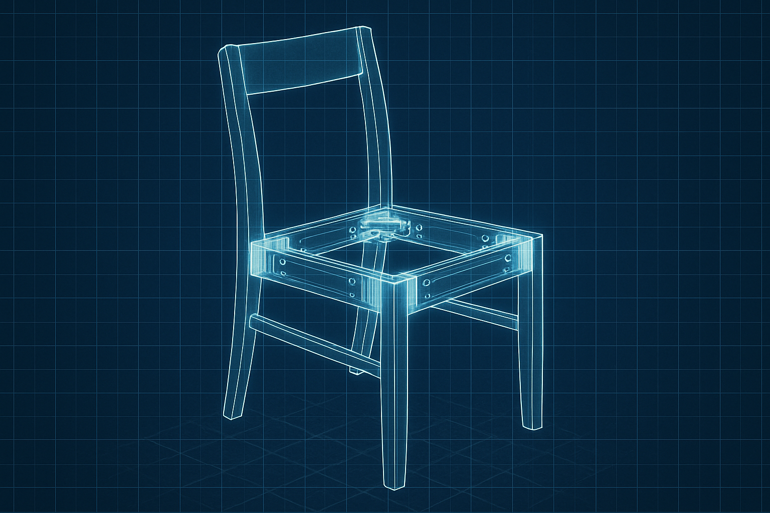 An x-ray view of a dining chair showing the reinforced corner blocks and dowels in the frame joints