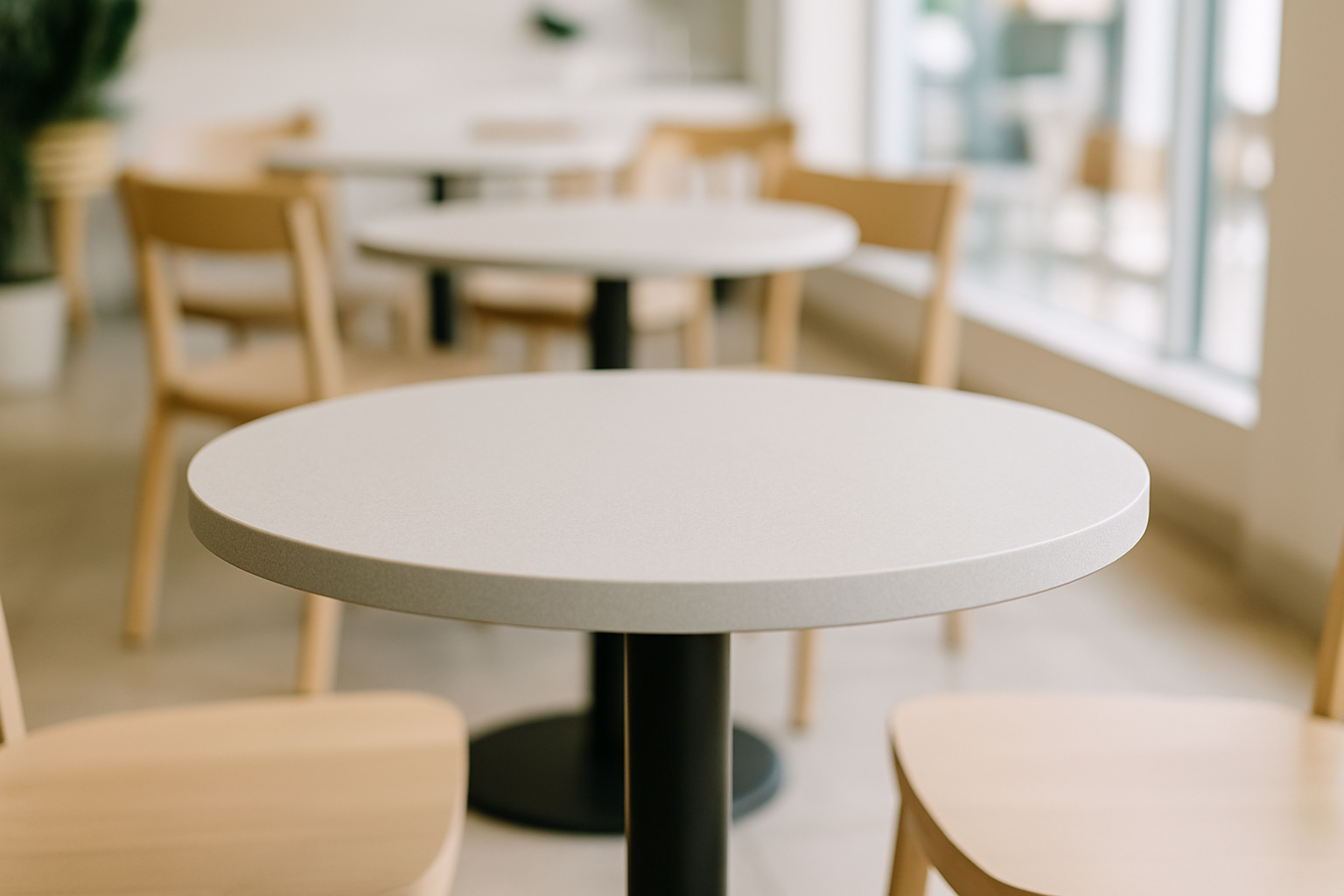 a small cafe table with a light-colored, easy-to-clean HPL top