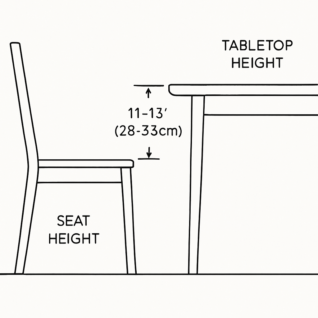 A side-view diagram showing the ideal 11-13 inch gap between a dining chair seat and the tabletop