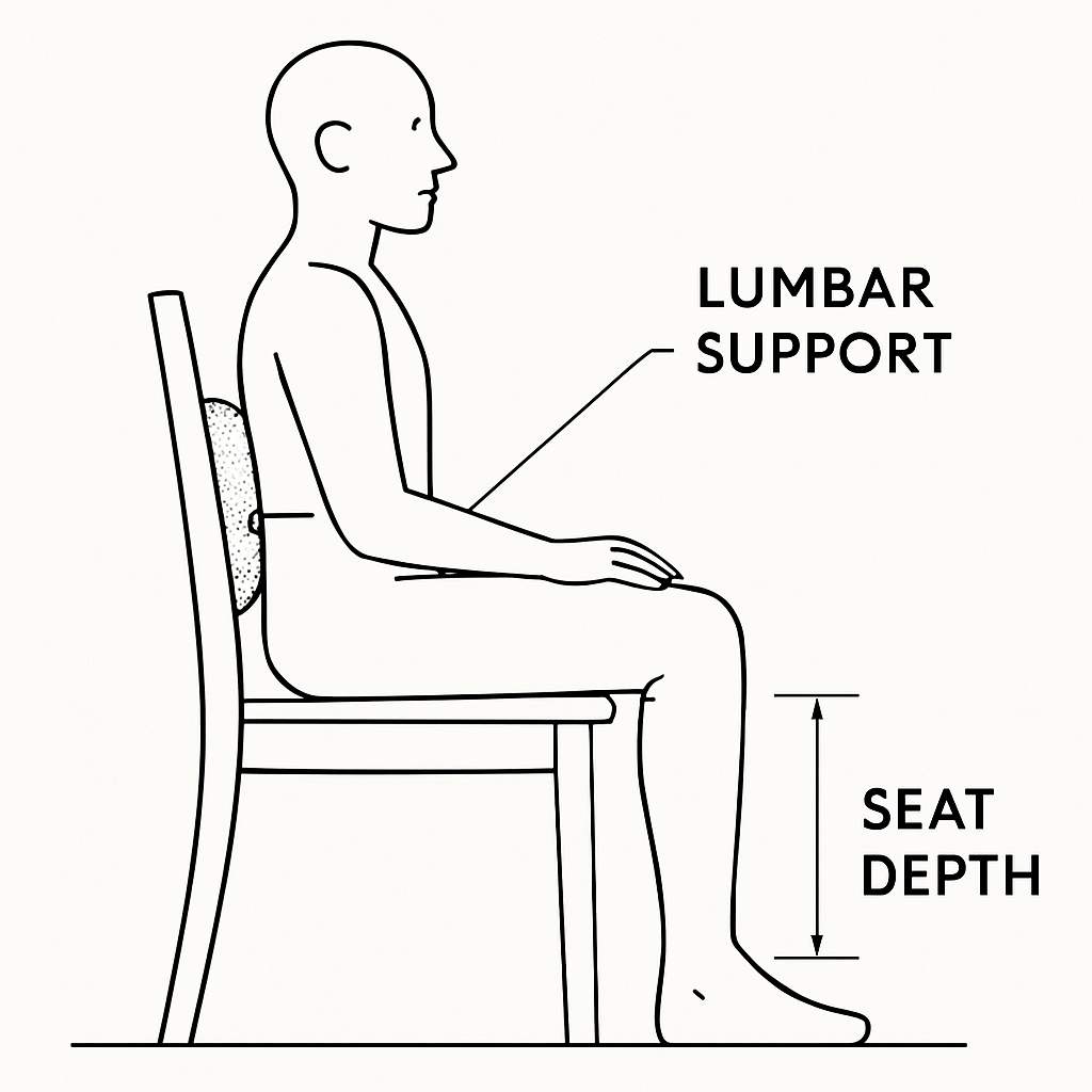 An ergonomic diagram of a person sitting comfortably in a dining chair, highlighting lumbar support and seat depth