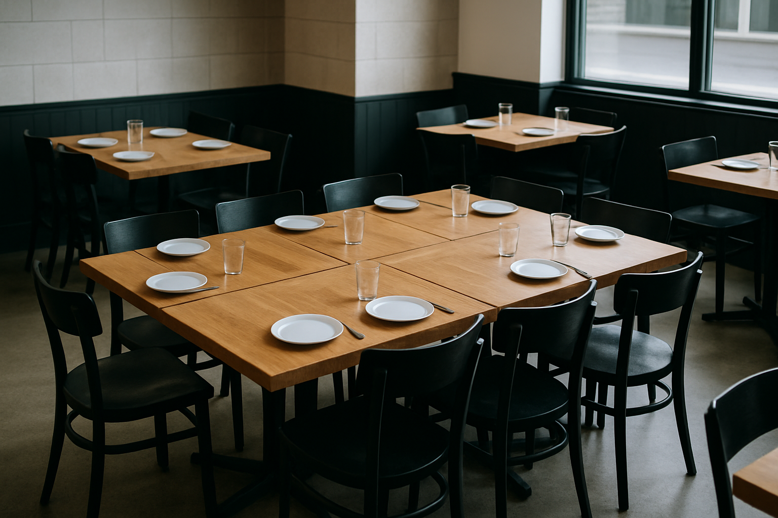 a small restaurant layout showing flexible square tables pushed together for a larger group