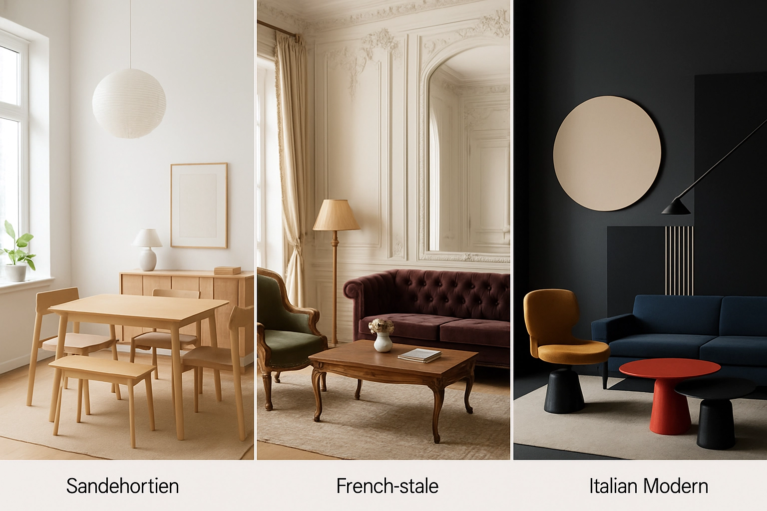 A collage of three images, one showing a light-wood Scandinavian interior, one a classic French room, and one a bold Italian Modern space
