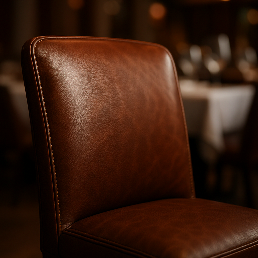 A close-up of a luxurious, well-maintained leather dining chair in an upscale restaurant