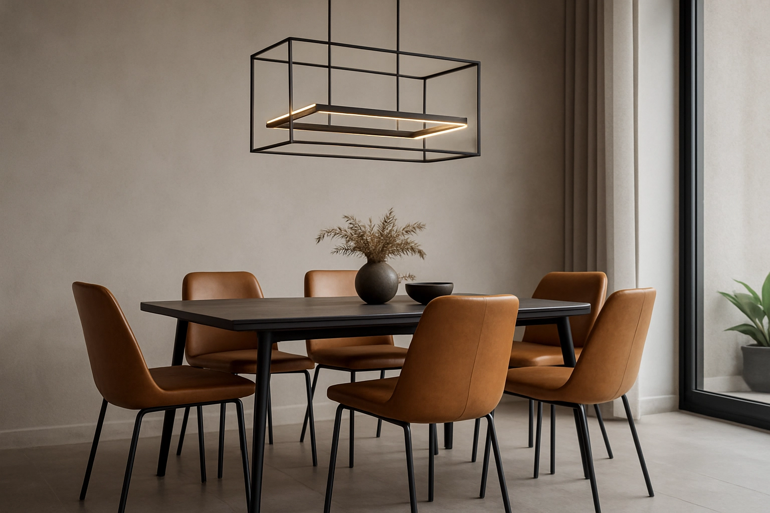 A dining room where the metal legs of leather chairs match the metal frame of a modern light fixture above the table