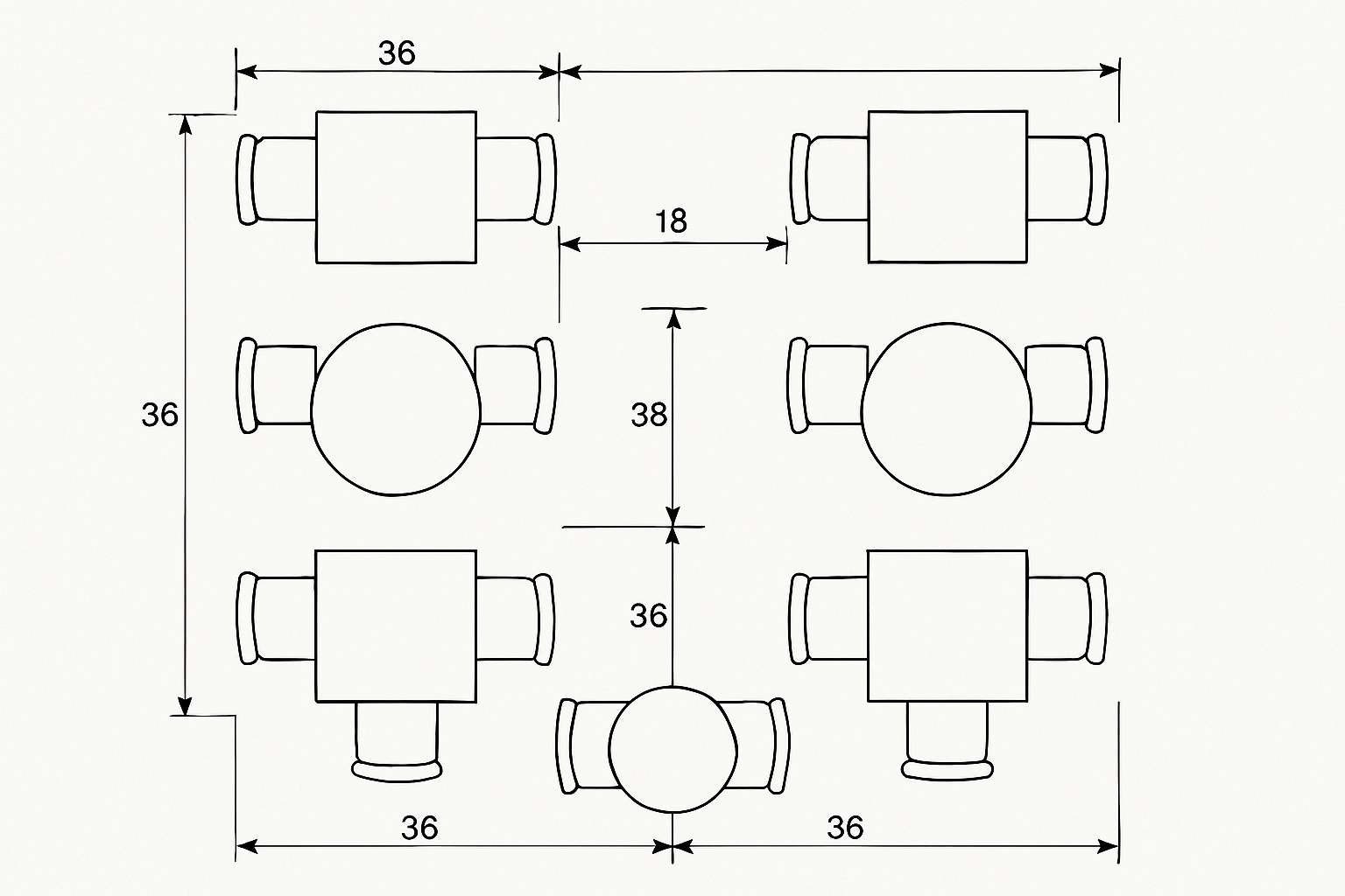 an overhead diagram showing proper spacing for chairs and aisles in a small restaurant