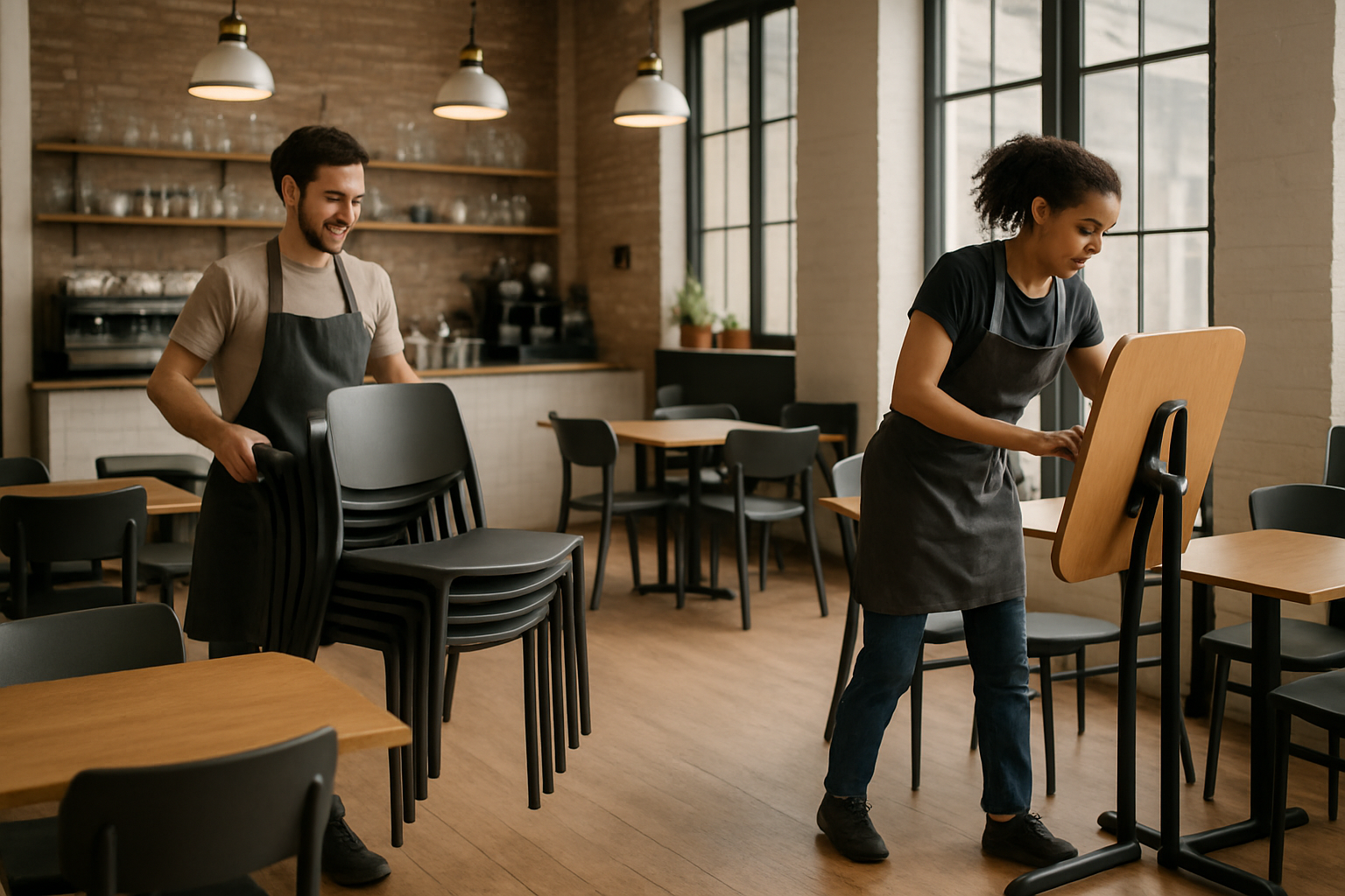 café staff easily reconfiguring a space by stacking chairs and nesting flip-top tables