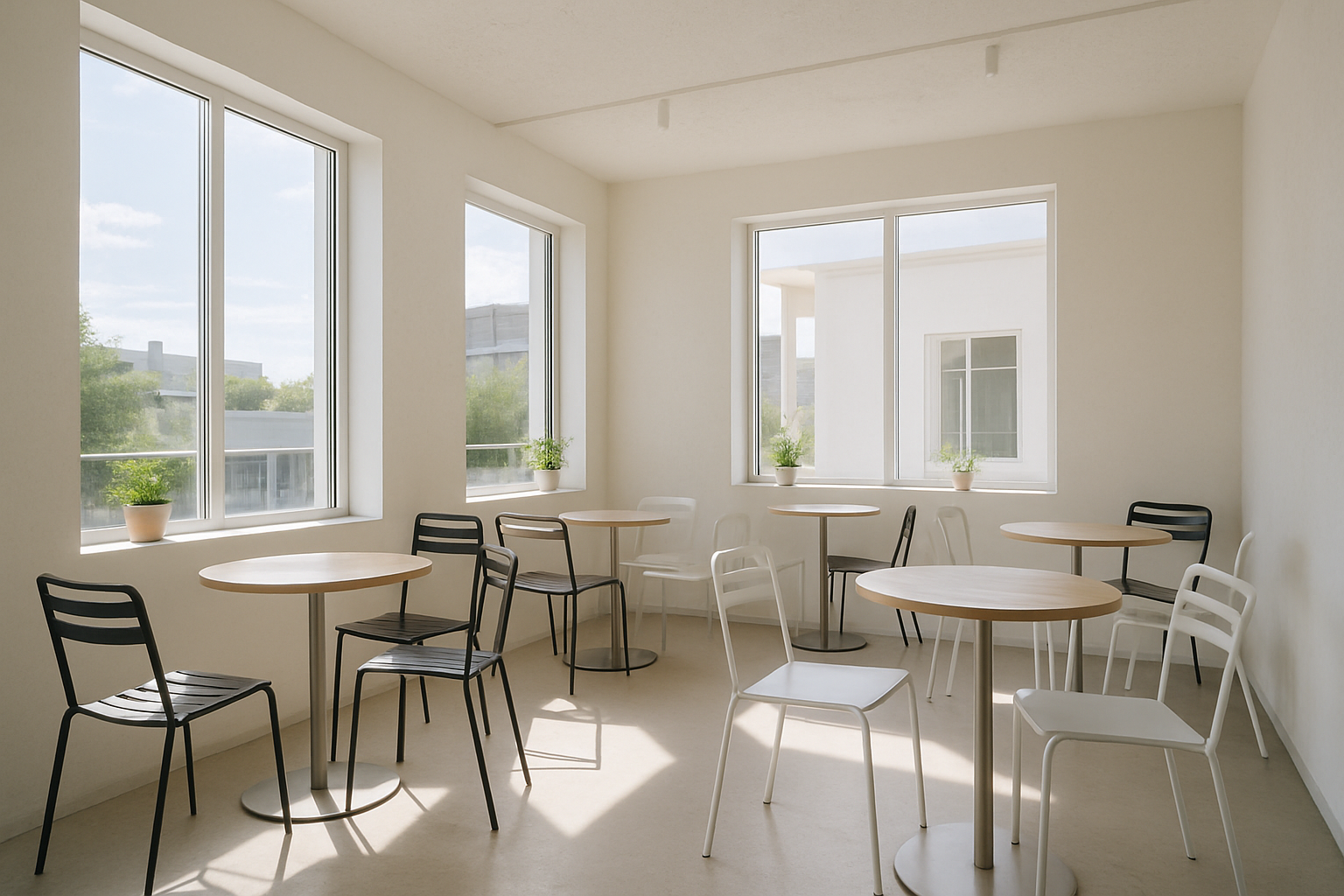 slim, armless metal chairs in a bright and airy compact café