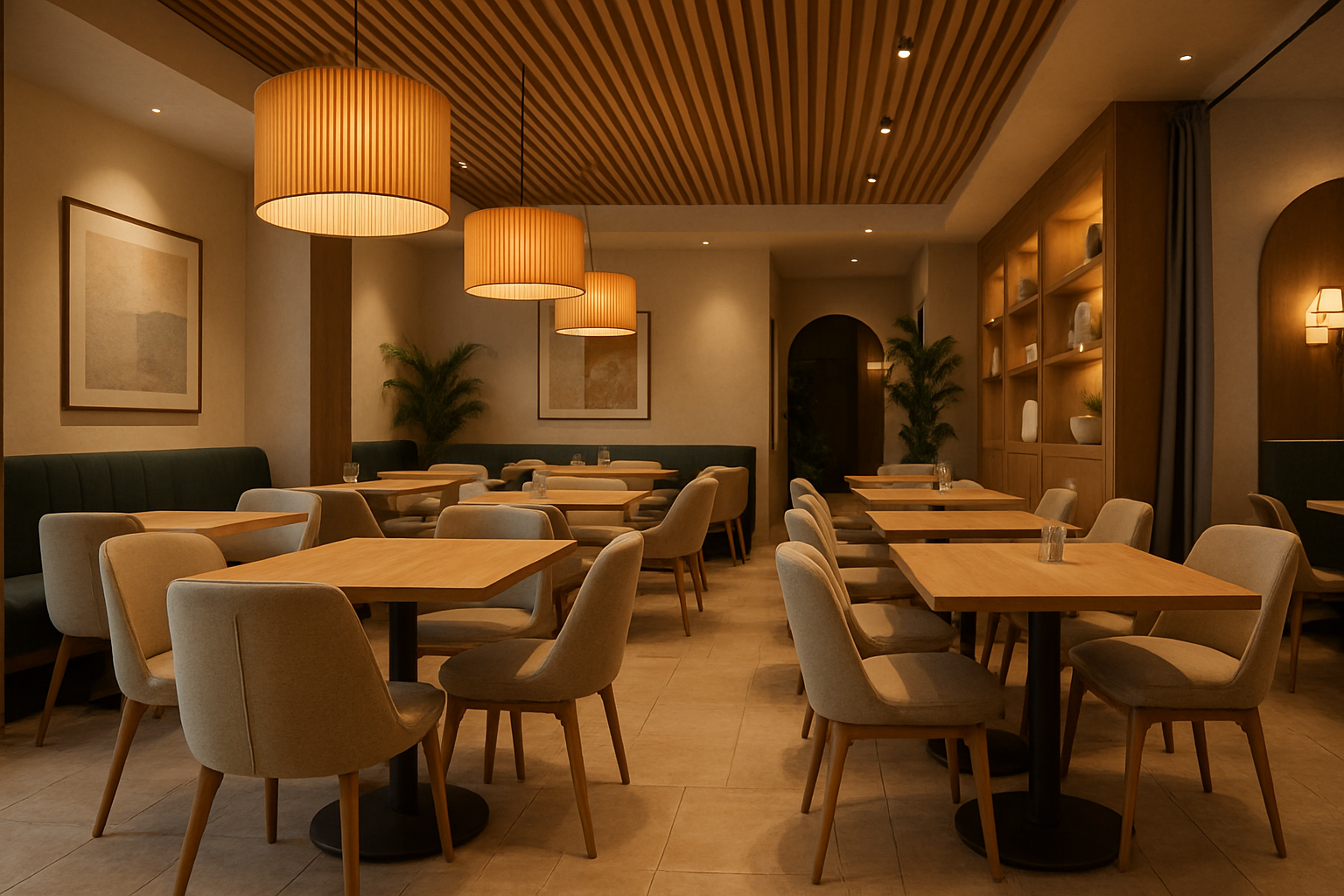 A stylish and comfortable restaurant interior with well-spaced, ergonomic dining chairs