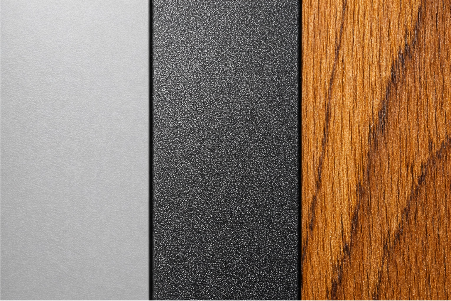 a close-up showing the textures of HPL, powder-coated aluminum, and teak wood