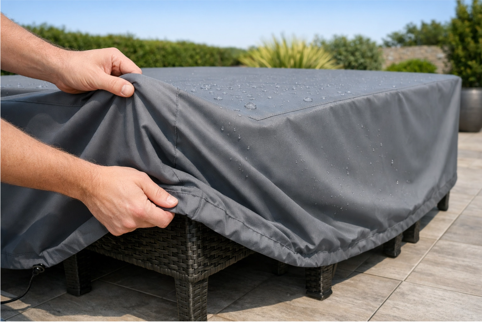 a fitted, breathable, waterproof cover being placed over a patio dining set